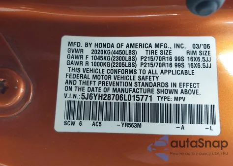 2006 Honda Element Ex-P from USA, damaged, VIN 5J6YH28706L015771